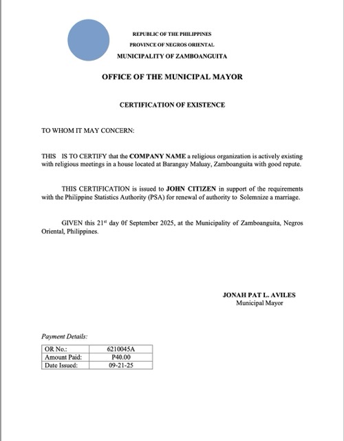 Philippines certificate of existence Word and PDF template, version 2